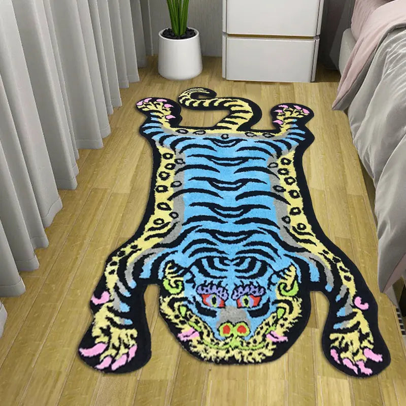a tiger rug on the floor of a bedroom