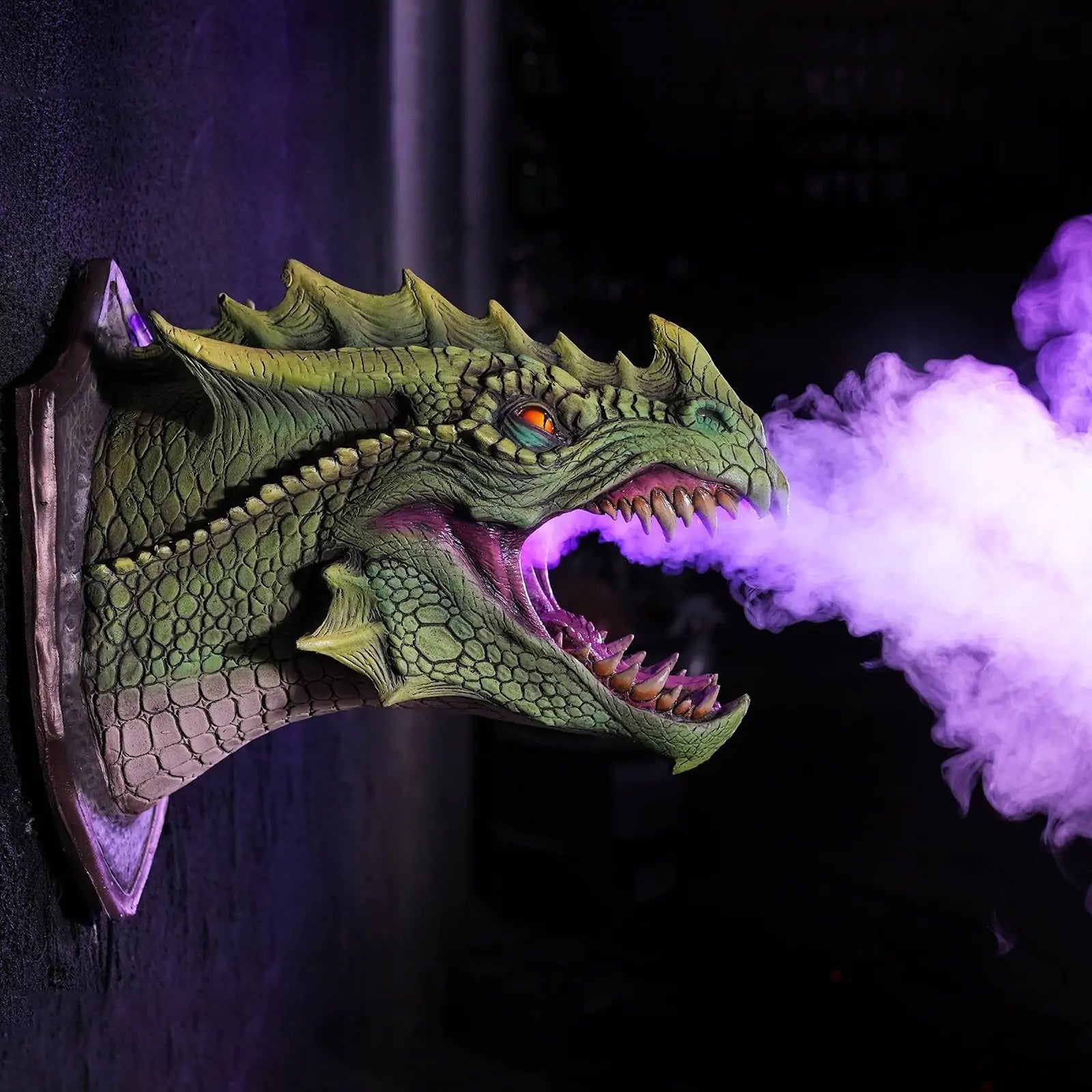 a green dragon head with purple smoke coming out of it