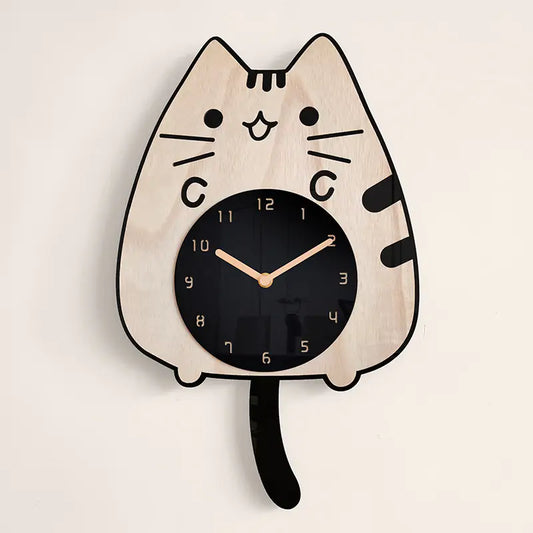 a wooden clock with a cat face on it