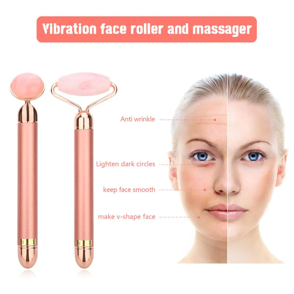 a woman's face with a roller and a face massager