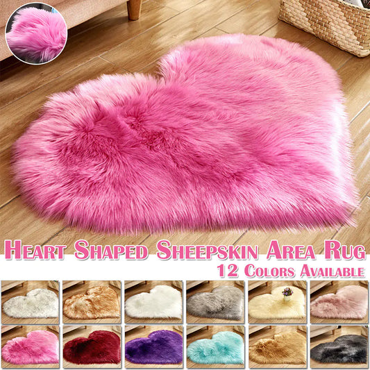 a heart shaped sheepskin area rug in various colors