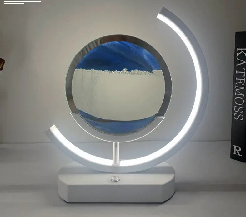 a white table with a blue and white circle on it