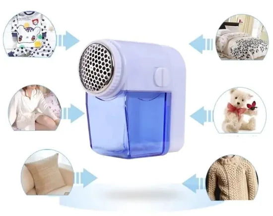 a blue and white air purifying device with pictures of different things surrounding it