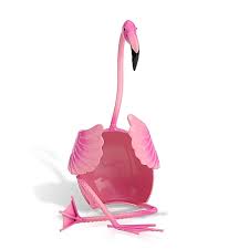 a pink flamingo toy sitting on top of a white floor