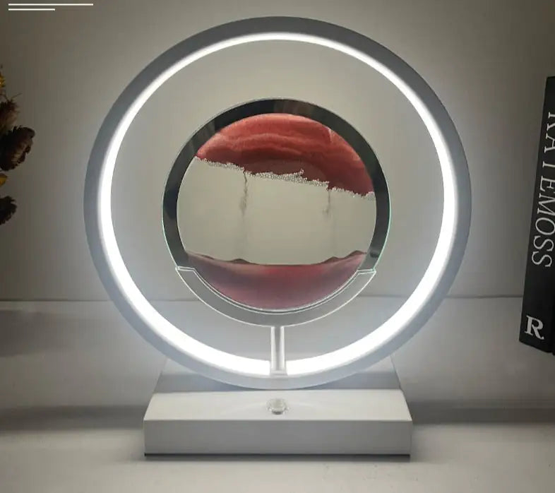 a round mirror with a red and white design on it