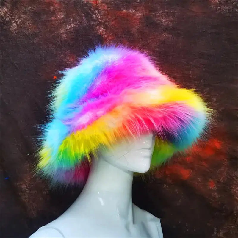 a white mannequin head wearing a multicolored fur hat