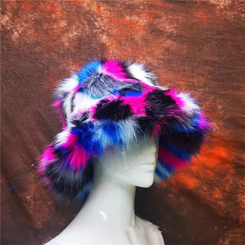 a white mannequin head wearing a multicolored fur hat