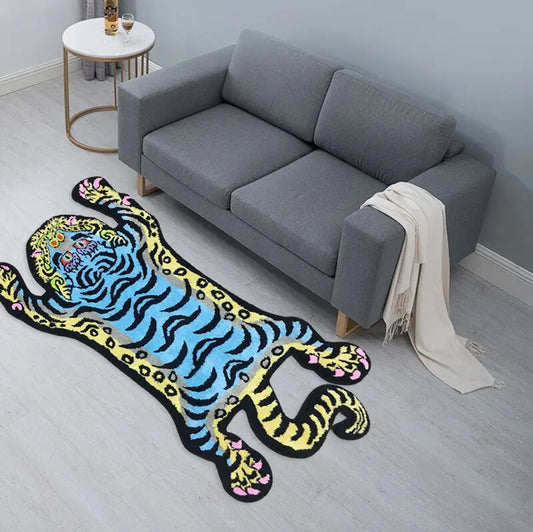 a living room with a couch and a tiger rug