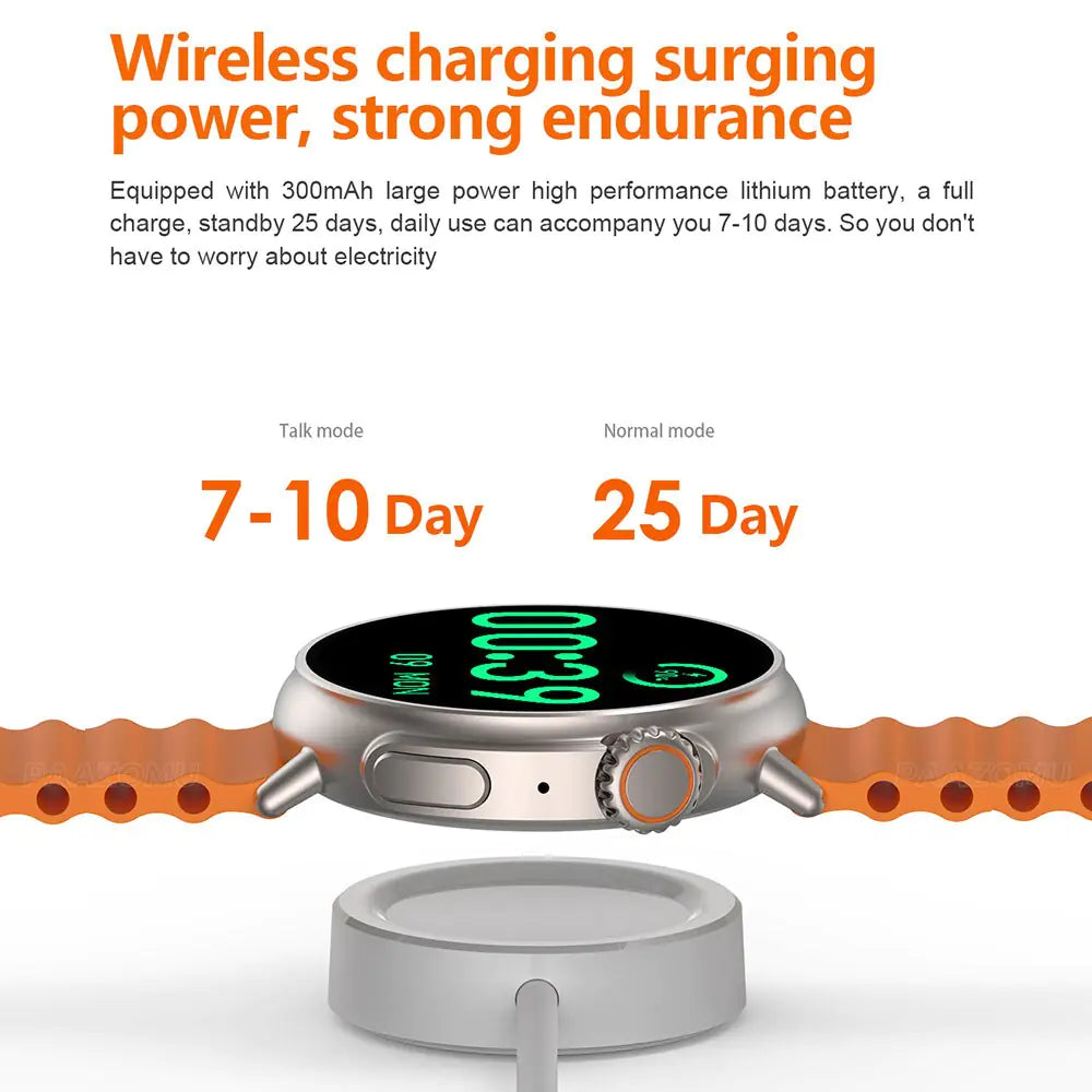 an advertisement for a smart watch with an orange band