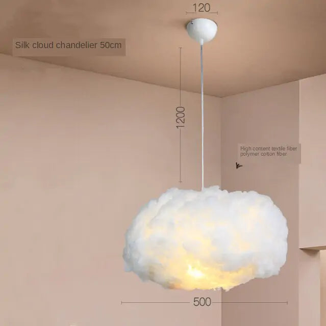 a white cloud light hanging from a ceiling