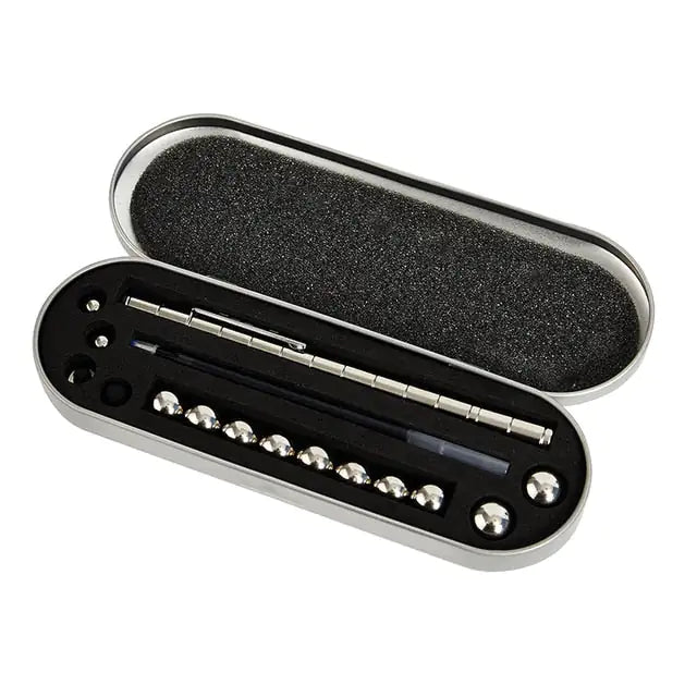 a black and silver case holds a set of screws