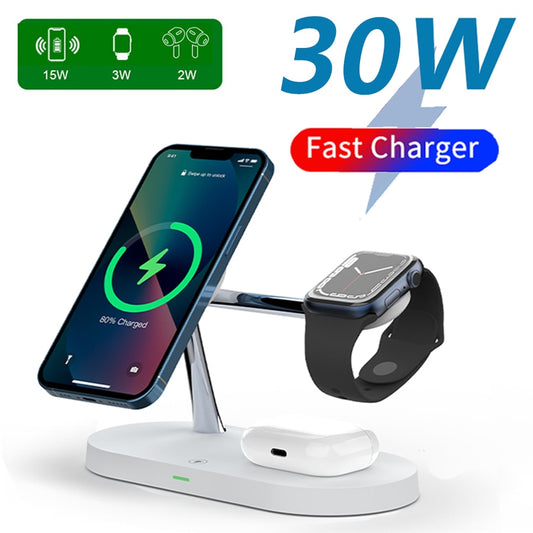 a charging station with an apple watch and a fast charger