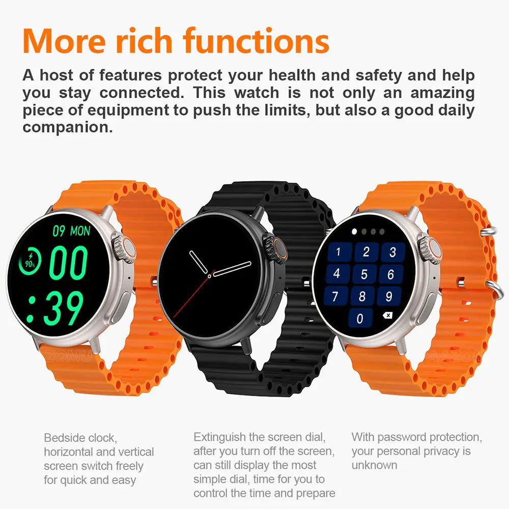 three smart watches with different times displayed on them
