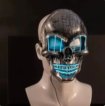 a white mannequin head with a blue light on it