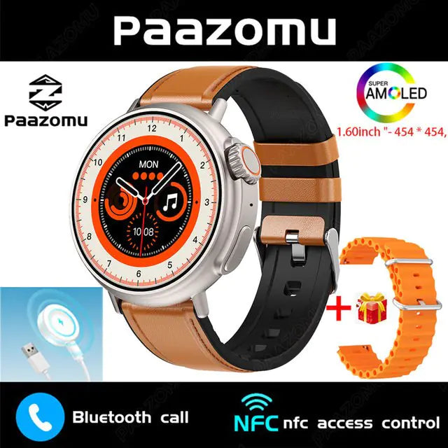 a smart watch with an orange and black band
