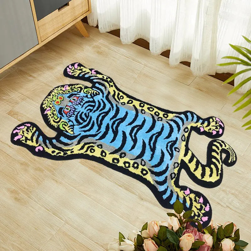 a tiger rug on the floor of a living room