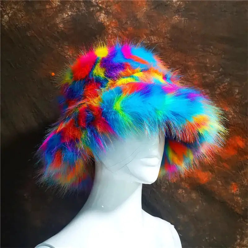 a white mannequin head wearing a multicolored hat