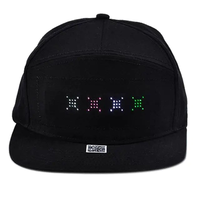the back of a black hat with green and red letters on it