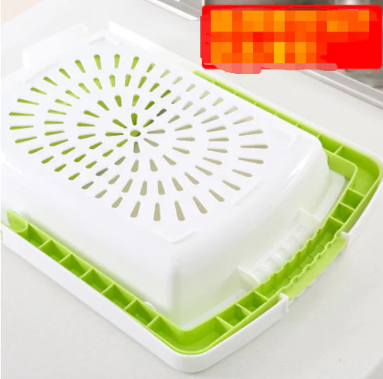 a close up of a green and white tray on a table