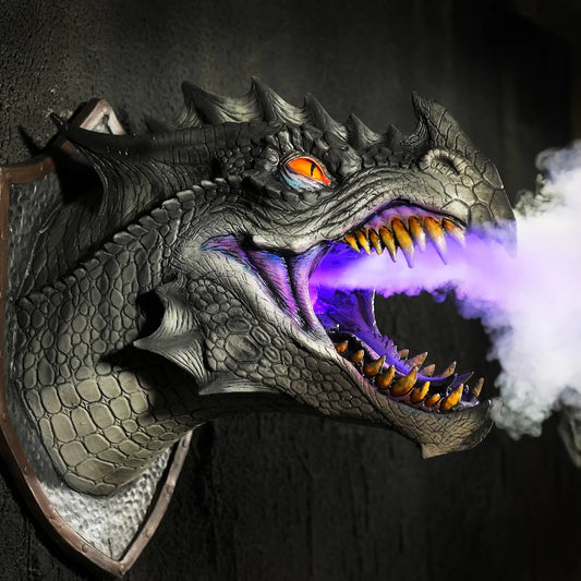 a dragon head with purple smoke coming out of it