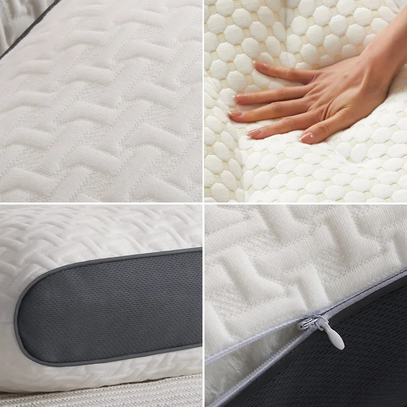 a collage of photos of a mattress and a person's hand
