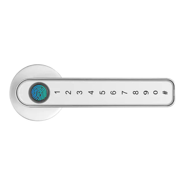 a white door handle with a blue button on it