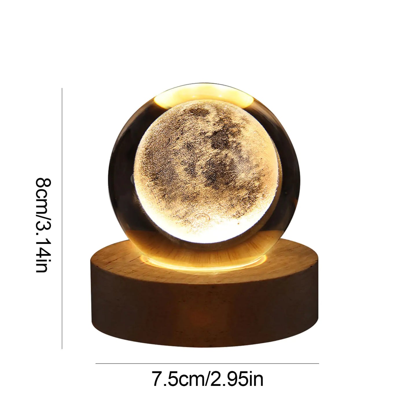 the moon lamp is on a wooden stand