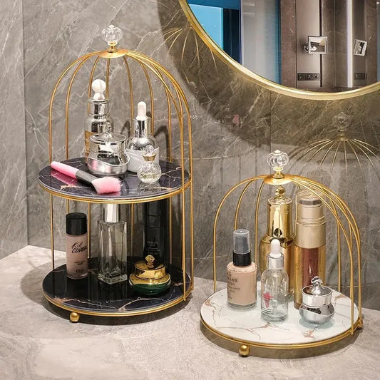 a vanity with a mirror and a shelf with cosmetics